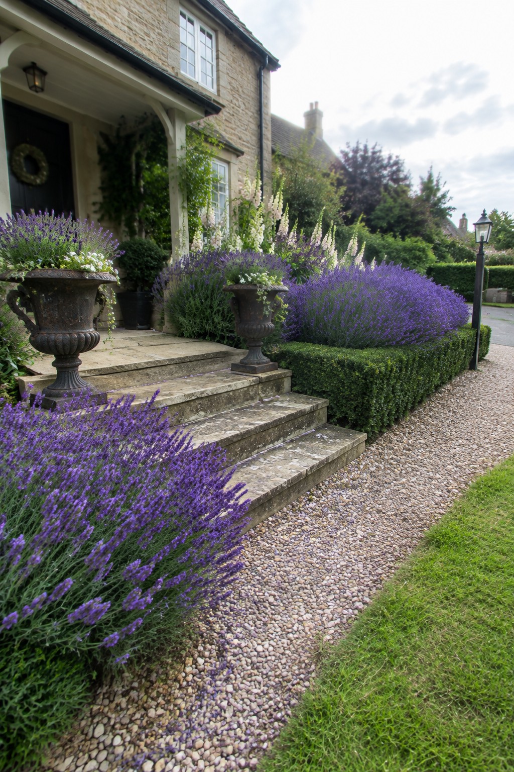 Lavender beds line stone steps and a gravel path leading to a stone house entrance.