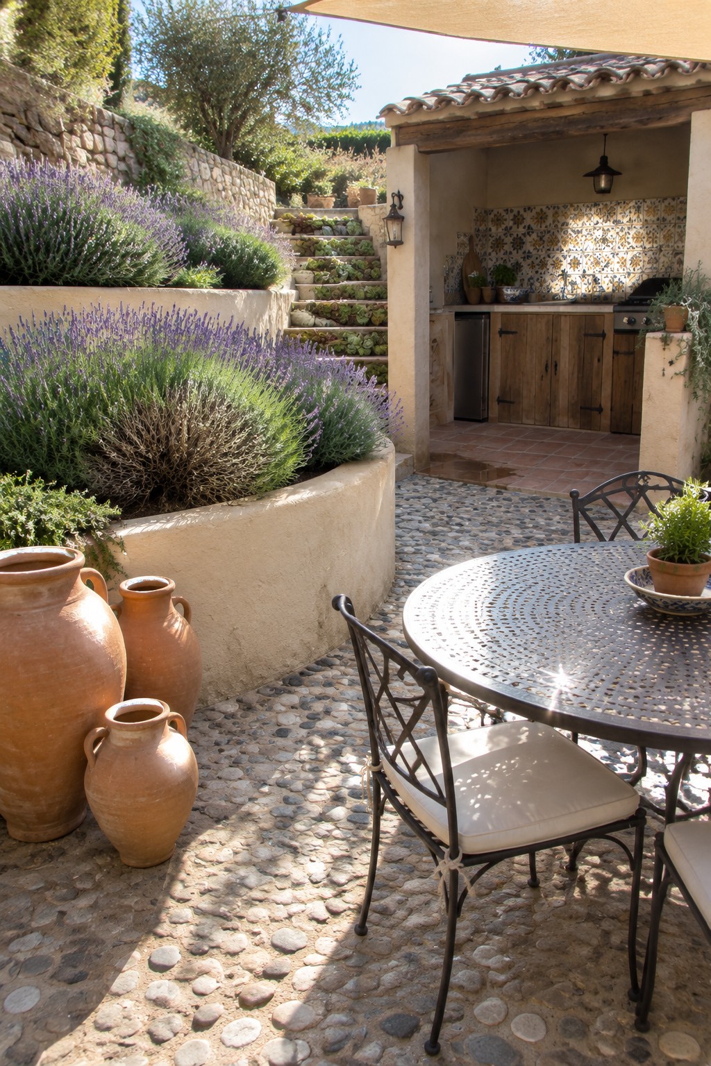 A curved raised bed of flowering lavender borders a pebble patio with a round metal dining table and chairs.