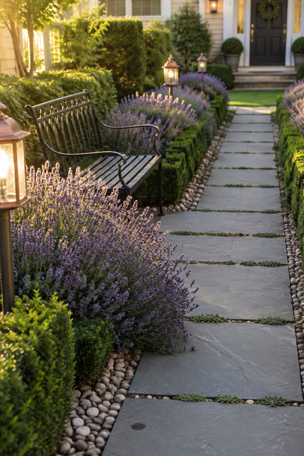 A stone path bordered by lavender, clipped shrubs, and river stones leads to a front door, with a metal bench and garden lanterns beside it.