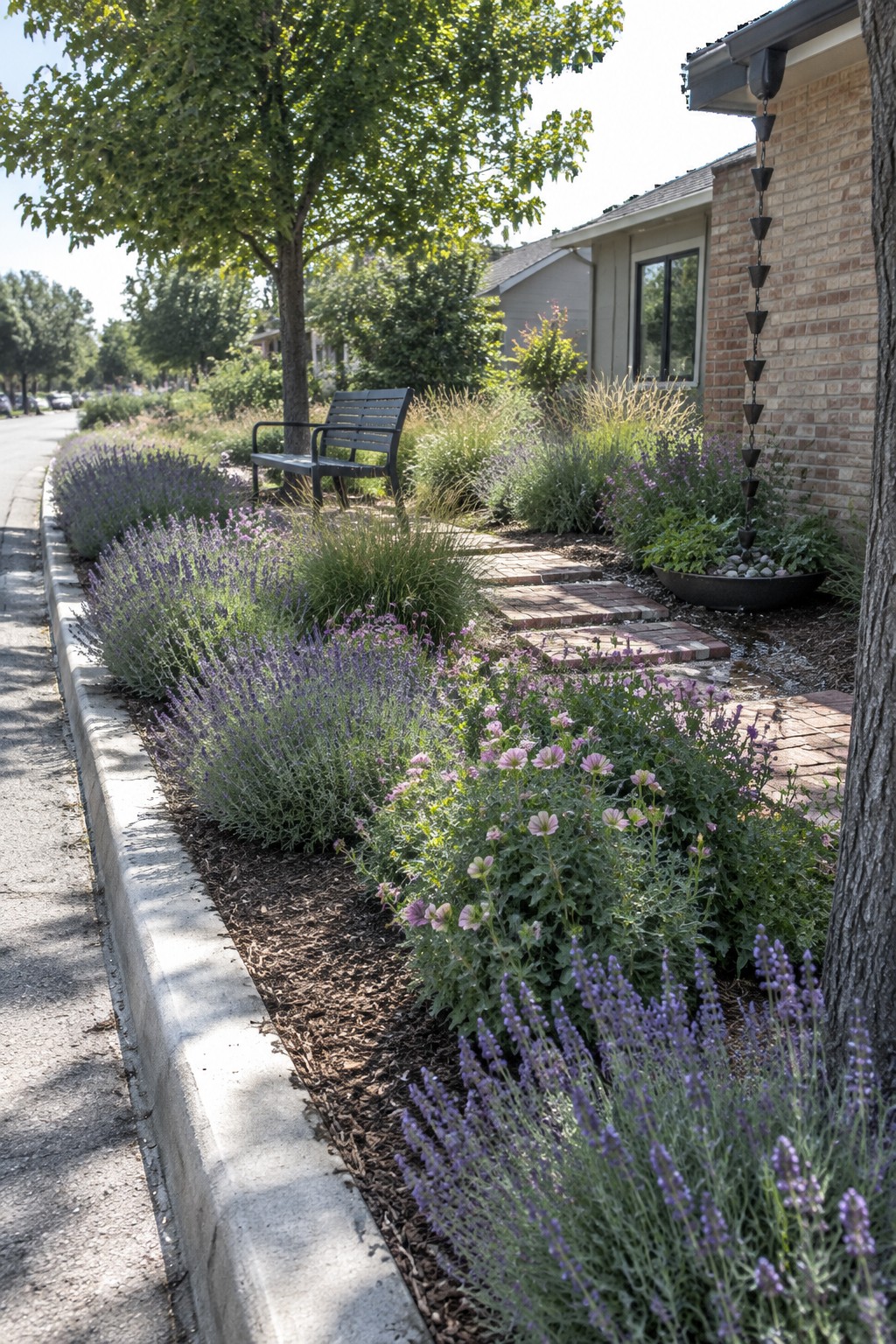 A front garden with lavender and pink flowers beside a sidewalk, brick stepping paths, and a bench beneath a tree.