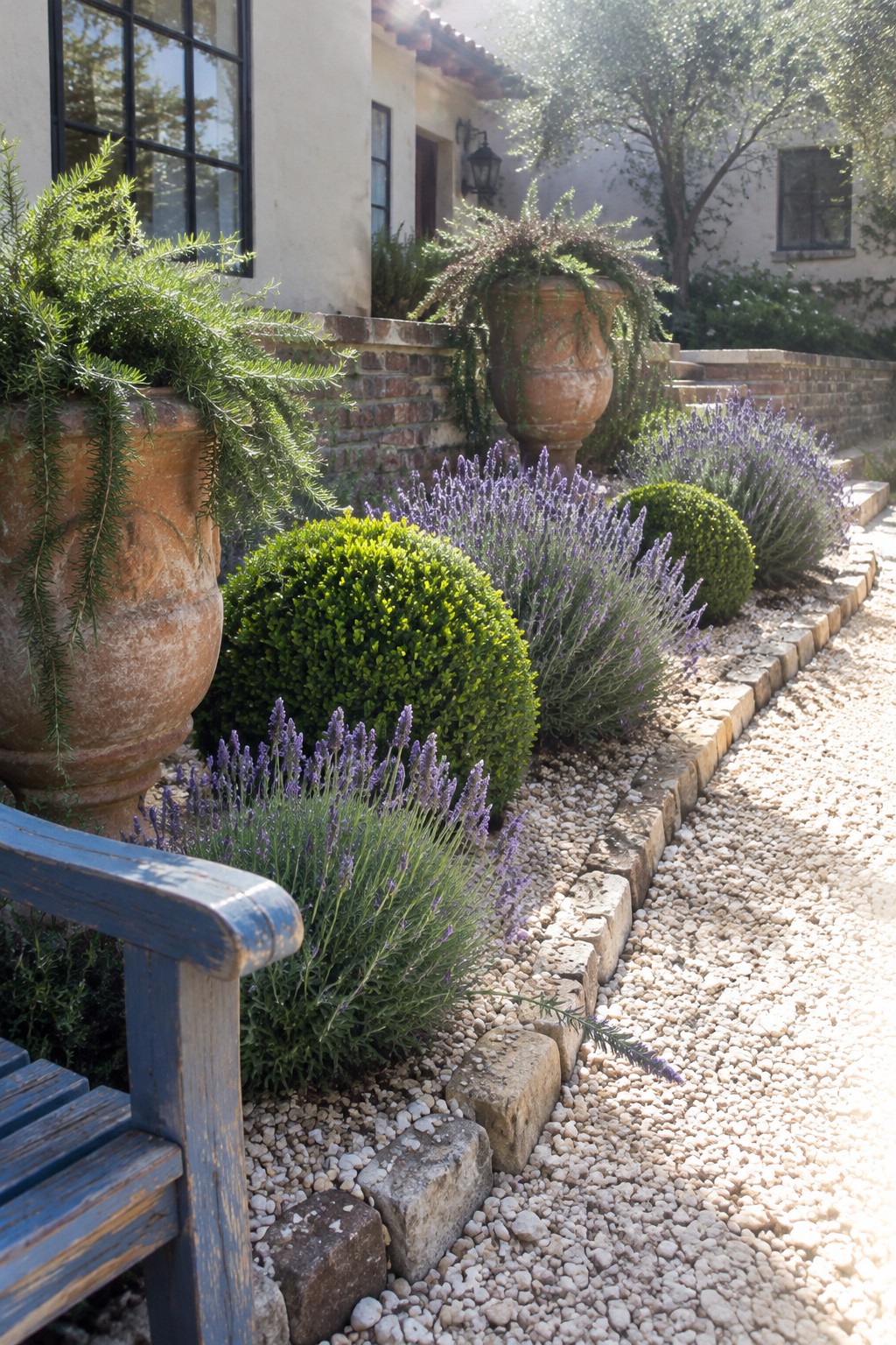 Lavender and clipped shrubs grow in a raised bed edged with irregular stones beside a gravel path.