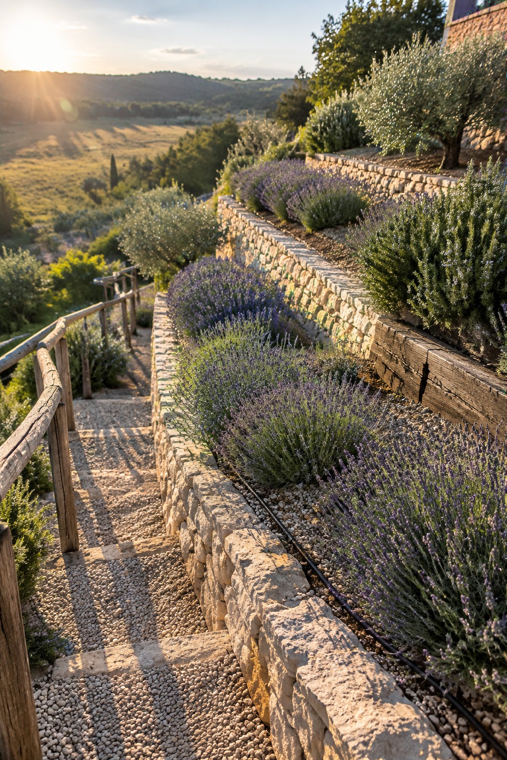 Stone retaining walls form terraced garden beds planted with lavender beside a gravel path and wooden railing.