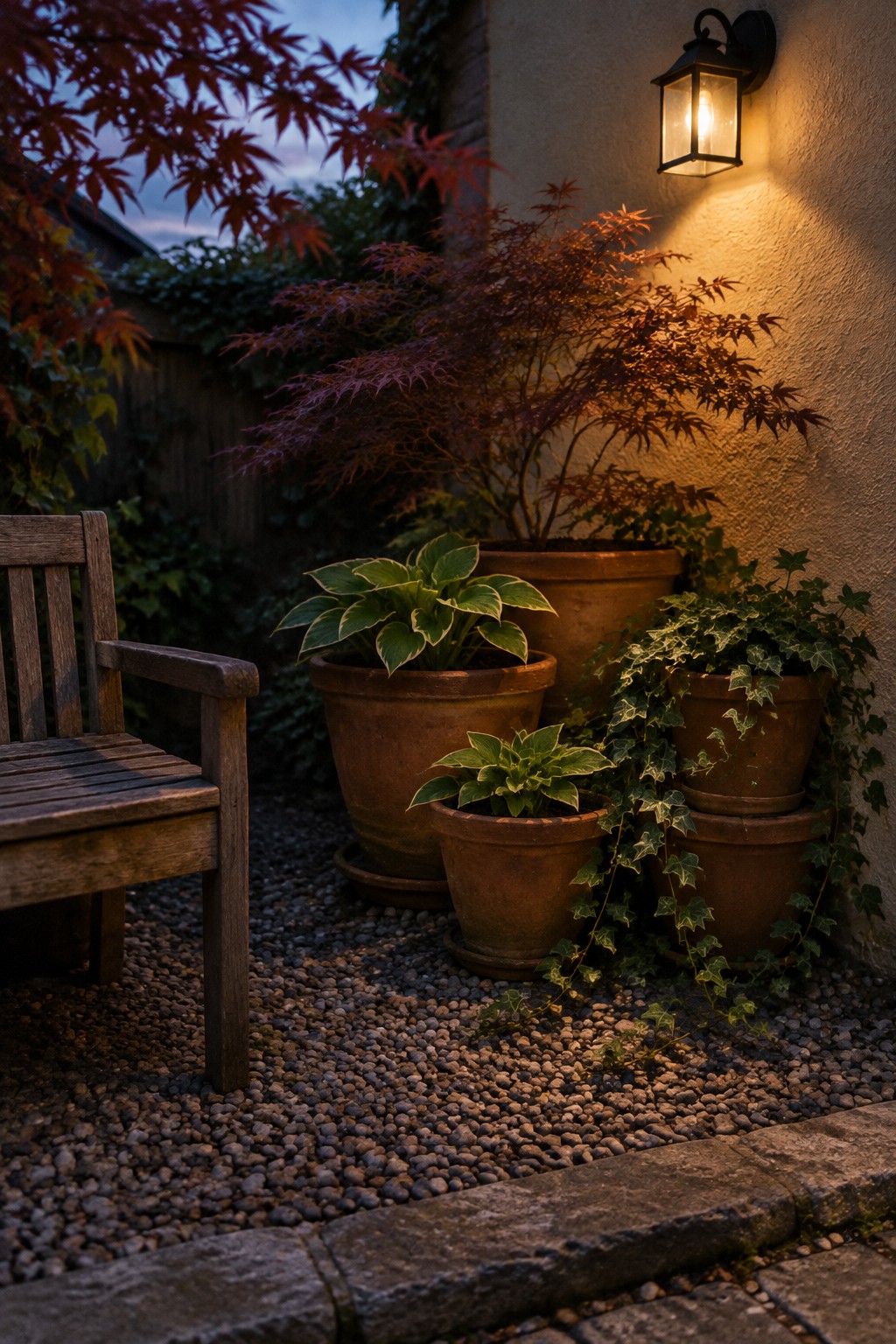 Several potted leafy plants, including hostas and a red-leaved Japanese maple, sit on a gravel garden beside a wooden chair and stucco wall.