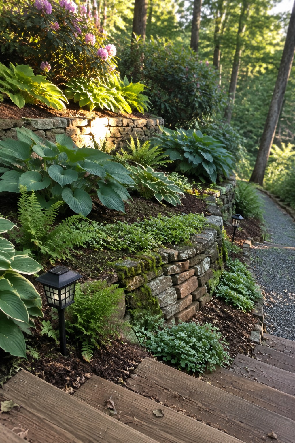 Stone retaining walls support tiered garden beds planted with hostas, ferns, and flowering shrubs beside a path and wooden steps.
