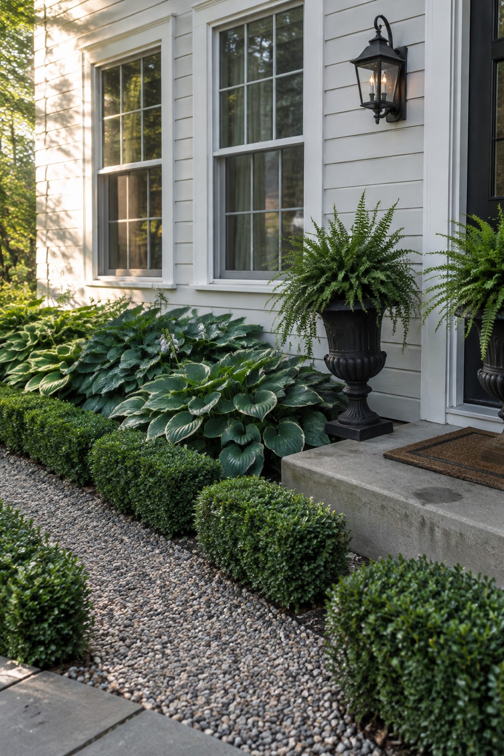 Hostas and clipped boxwood line a gravel path beside a white-sided house, with ferns in dark planters by the entrance.