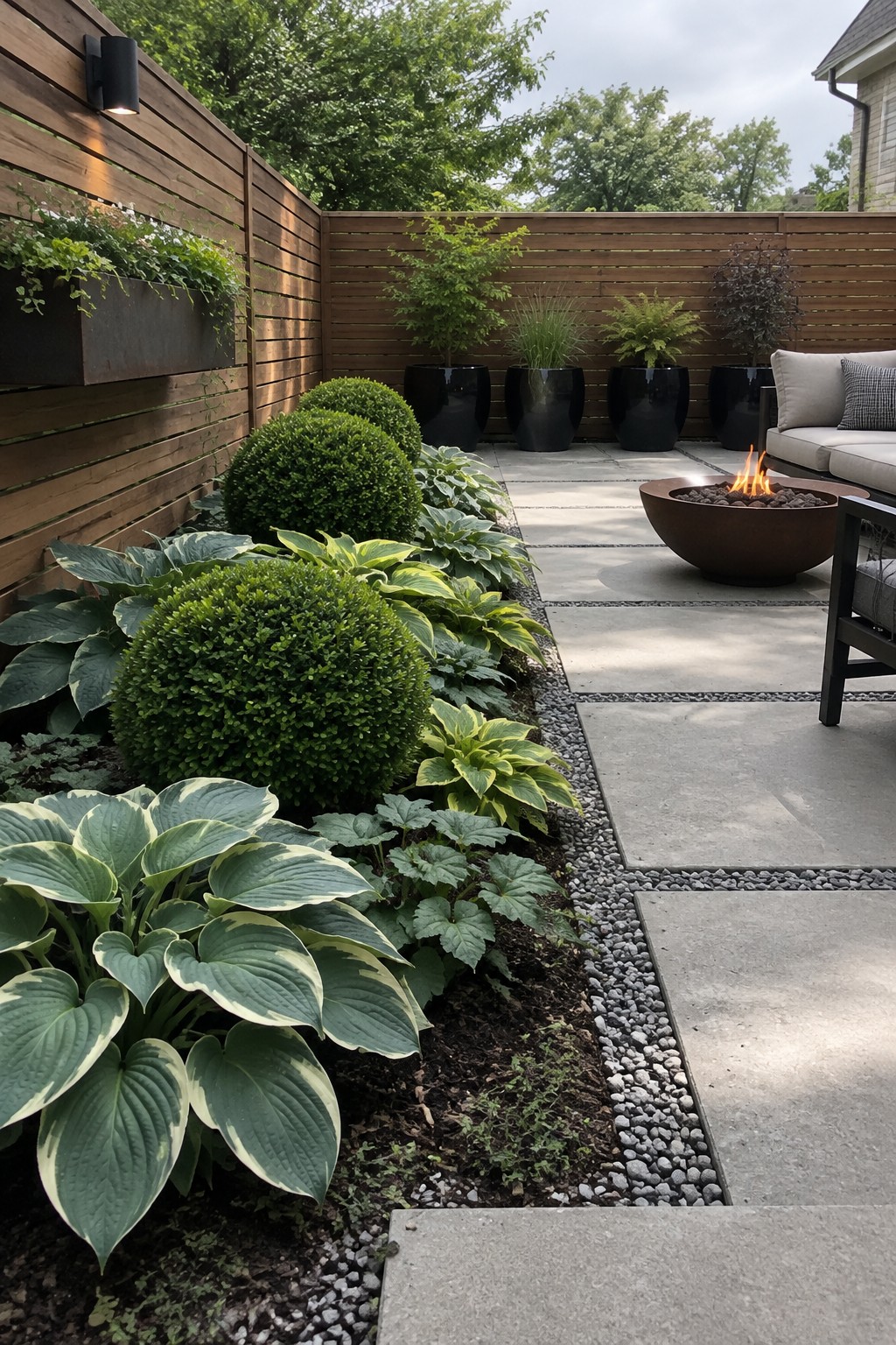 Large concrete pavers form a path beside a garden bed filled with hostas and rounded shrubs, with a wooden fence behind.