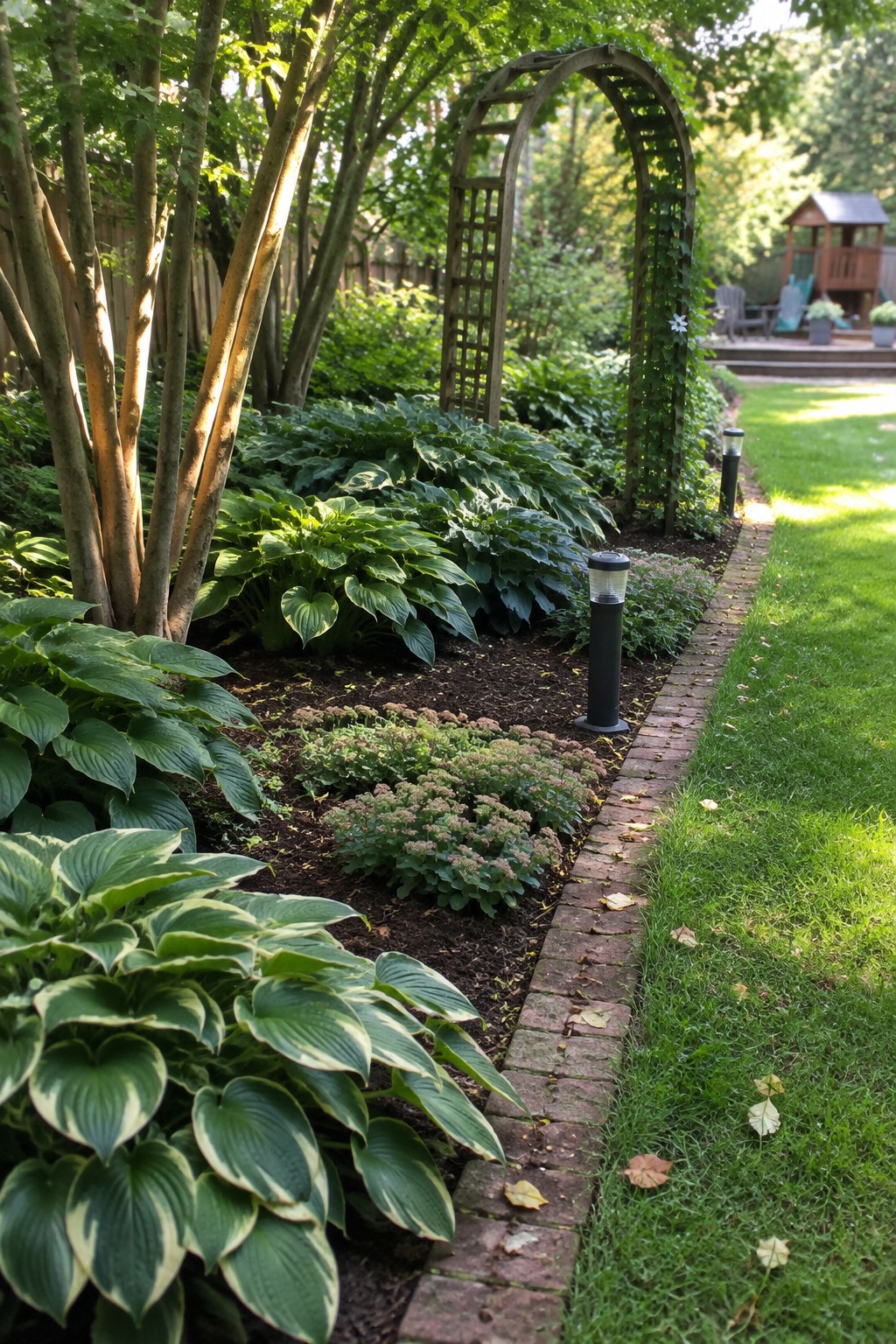A wooden garden arch covered in vines stands beside a brick-edged path and hosta beds.