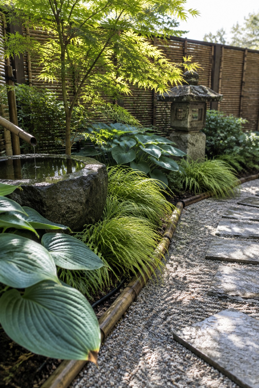 A gravel garden path with stepping stones runs beside hostas, ferns, and other plants, with a stone water basin and lantern nearby.