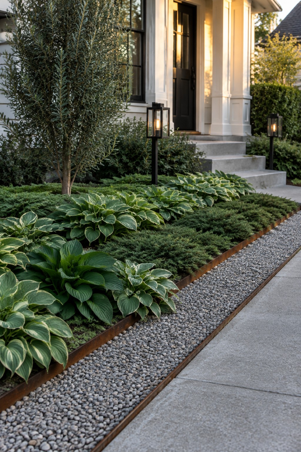 Variegated hostas and low ground cover fill a curved garden bed edged with rust-colored metal beside a gravel path leading to a front entrance.
