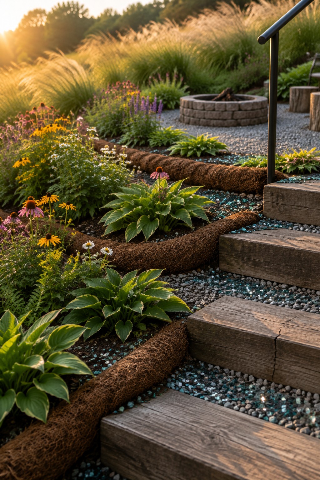 Timber stepping stones cross a gravel garden path beside hostas, flowering plants, and a circular stone fire pit.