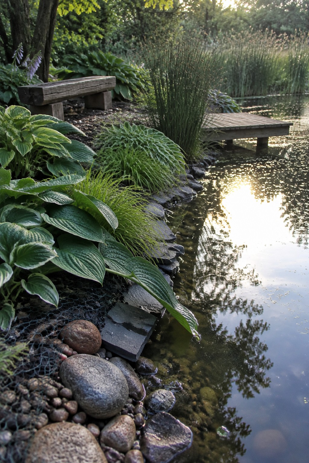 Broad-leaved hostas and other plants line a stone-edged garden pond with wooden benches nearby.