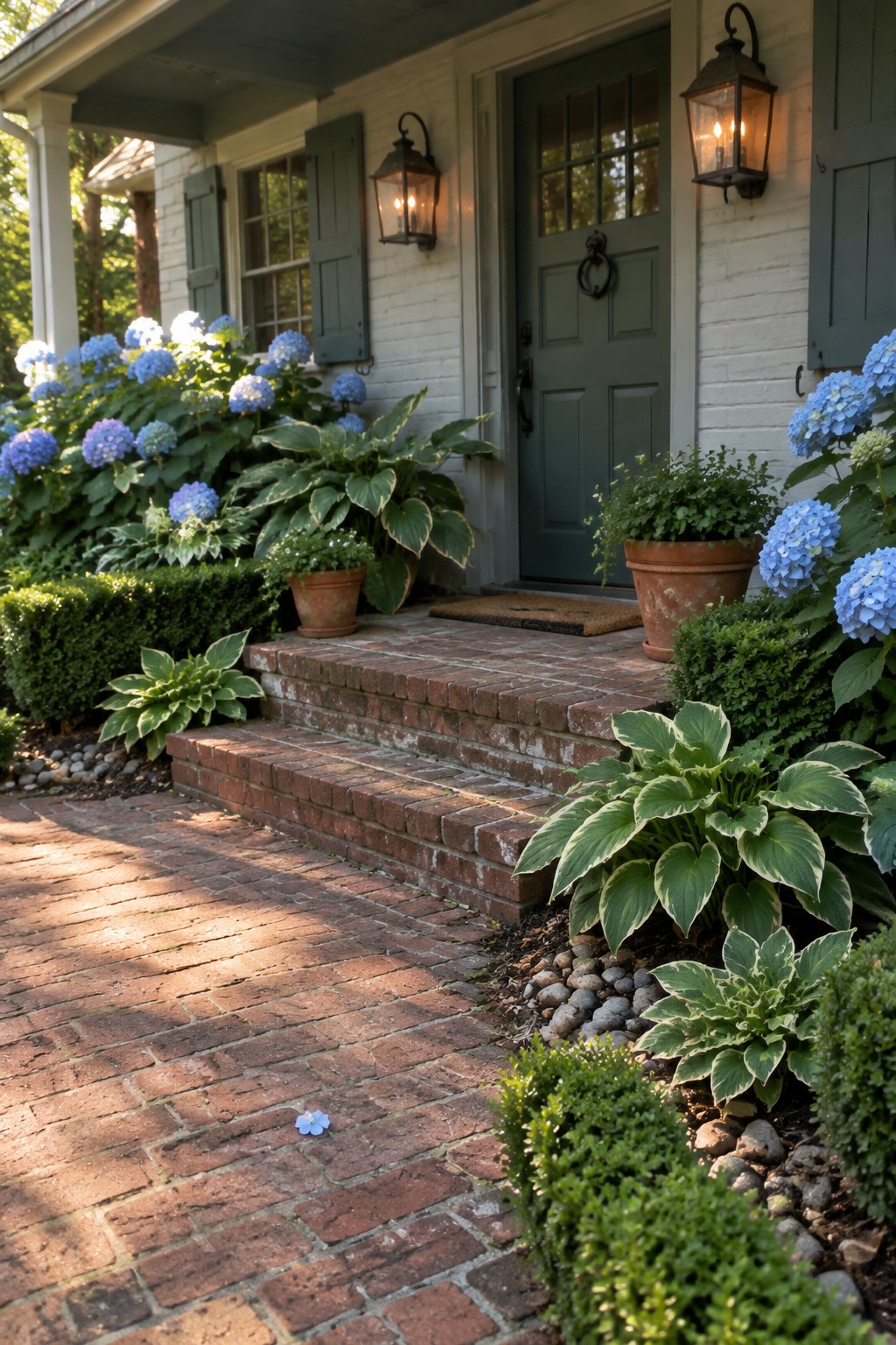 A brick path and steps lead to a green front door, with hostas and blue hydrangeas planted along the edges.