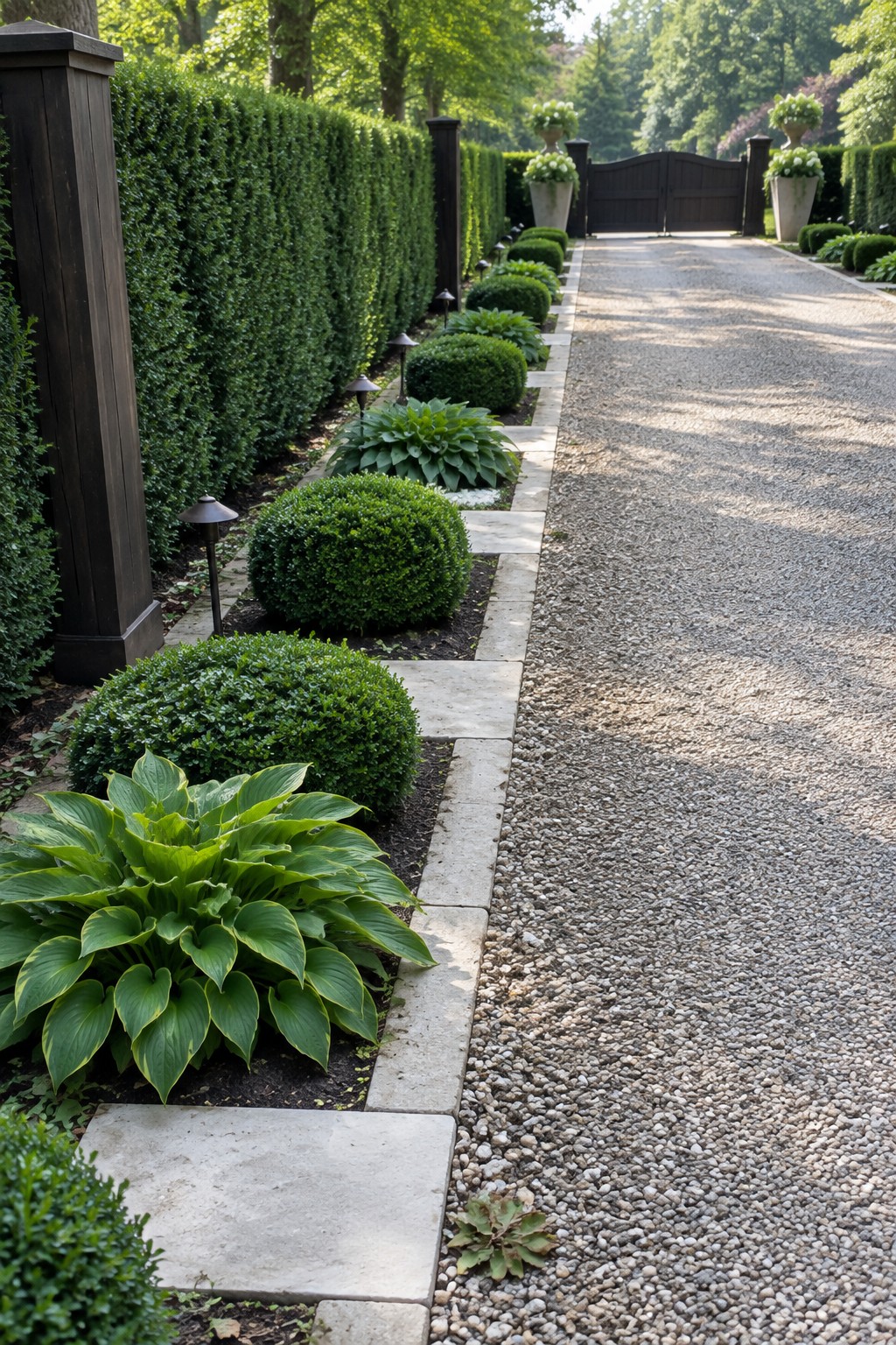 A gravel driveway runs beside a narrow garden bed with hostas, clipped shrubs, stone edging, and a tall hedge.
