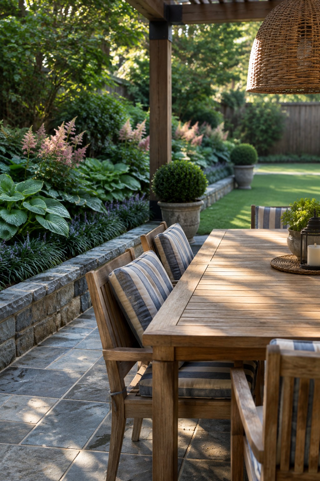A stone-edged shade garden with leafy plants and pink flowers beside a tiled patio and wooden dining table.