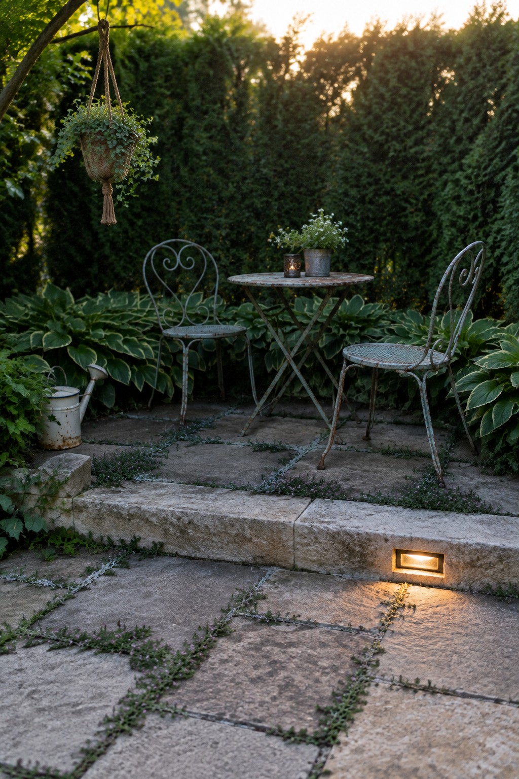 A small stone patio with two metal chairs, a round table, and hosta beds along the edge.