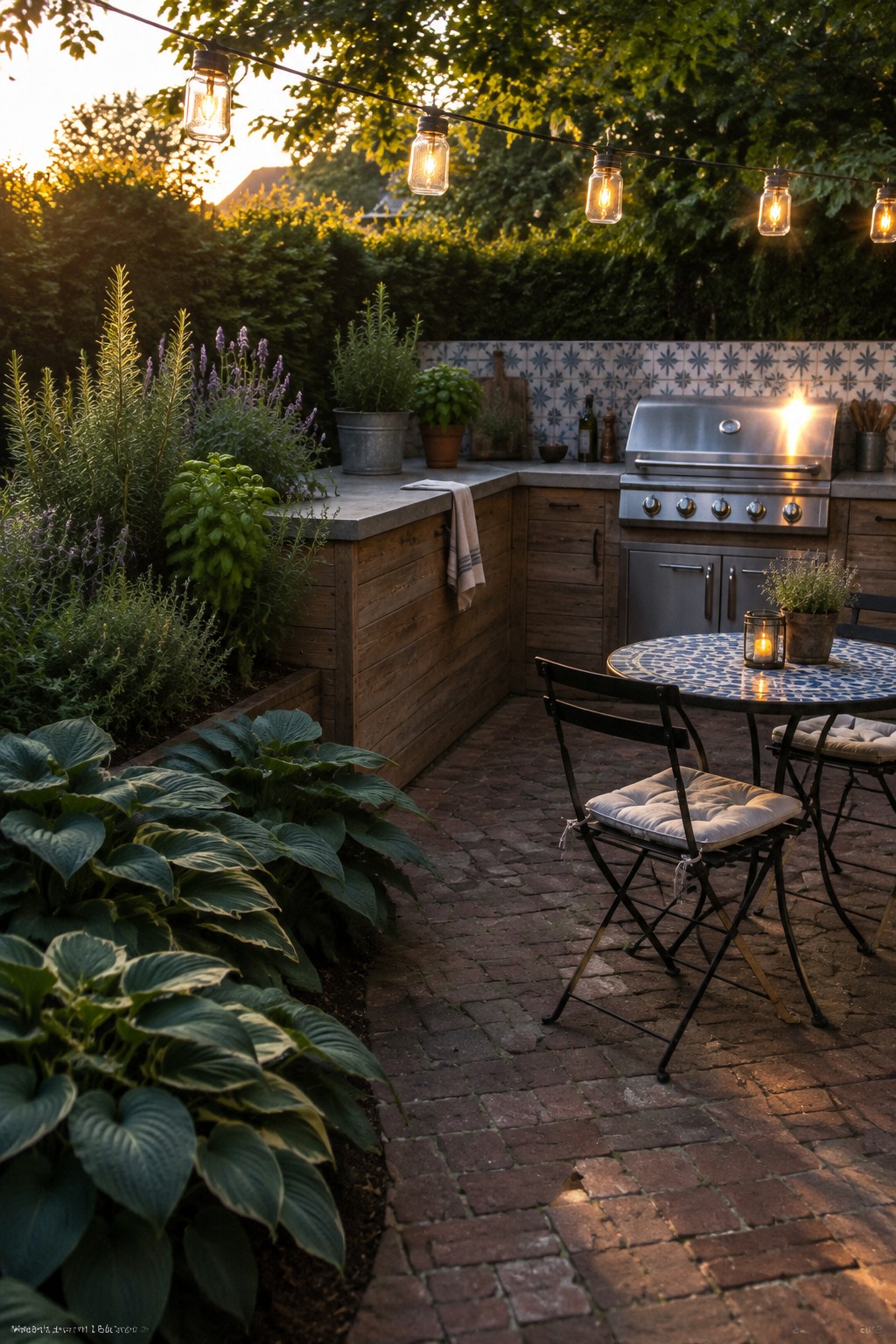 A garden patio with a brick floor, a tiled outdoor dining table, a built-in grill, and a border of leafy plants.