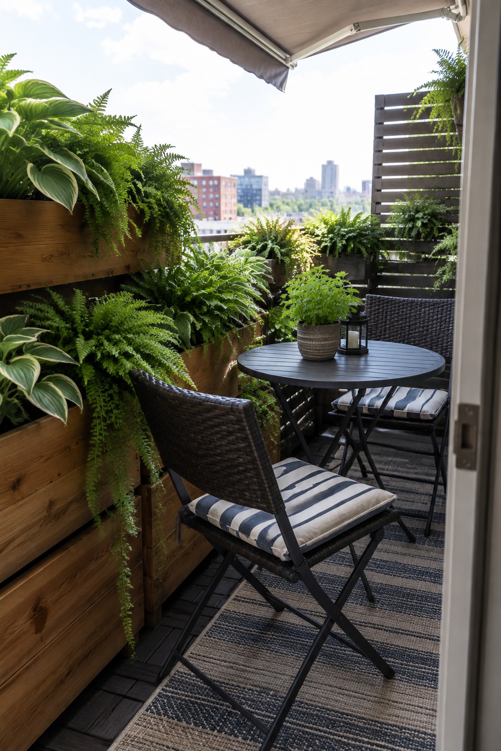 A narrow balcony with wooden planters filled with leafy plants beside a small table and two chairs.