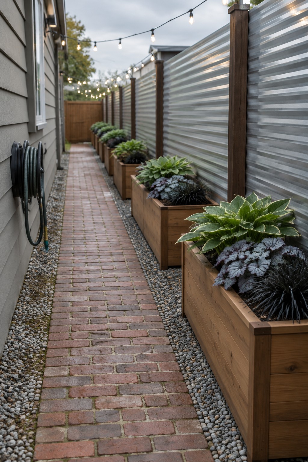 A narrow brick walkway runs between a house and a corrugated metal fence, with raised wooden planters of leafy plants along one side.