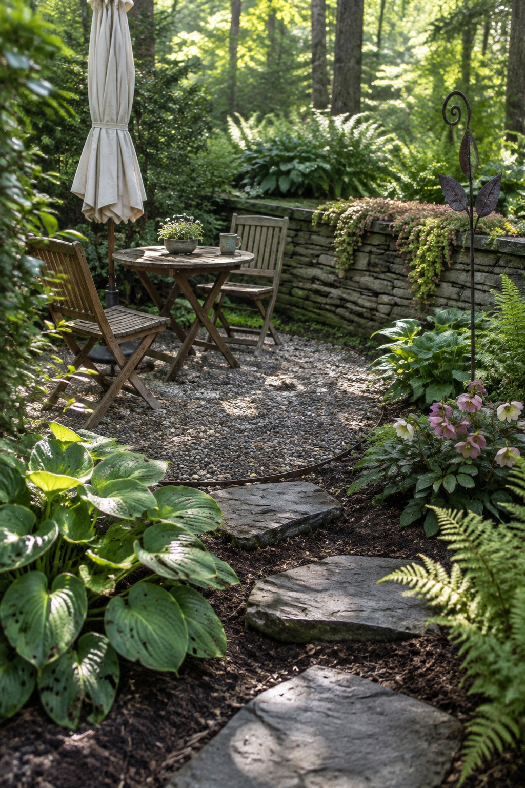 Irregular stone stepping stones wind through a shaded garden toward a small wooden table and chairs beside a low stone wall.