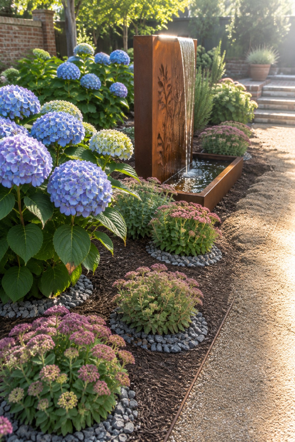 Blue hydrangeas and pink flowering plants grow beside a rust-colored rectangular fountain and gravel-edged garden path.