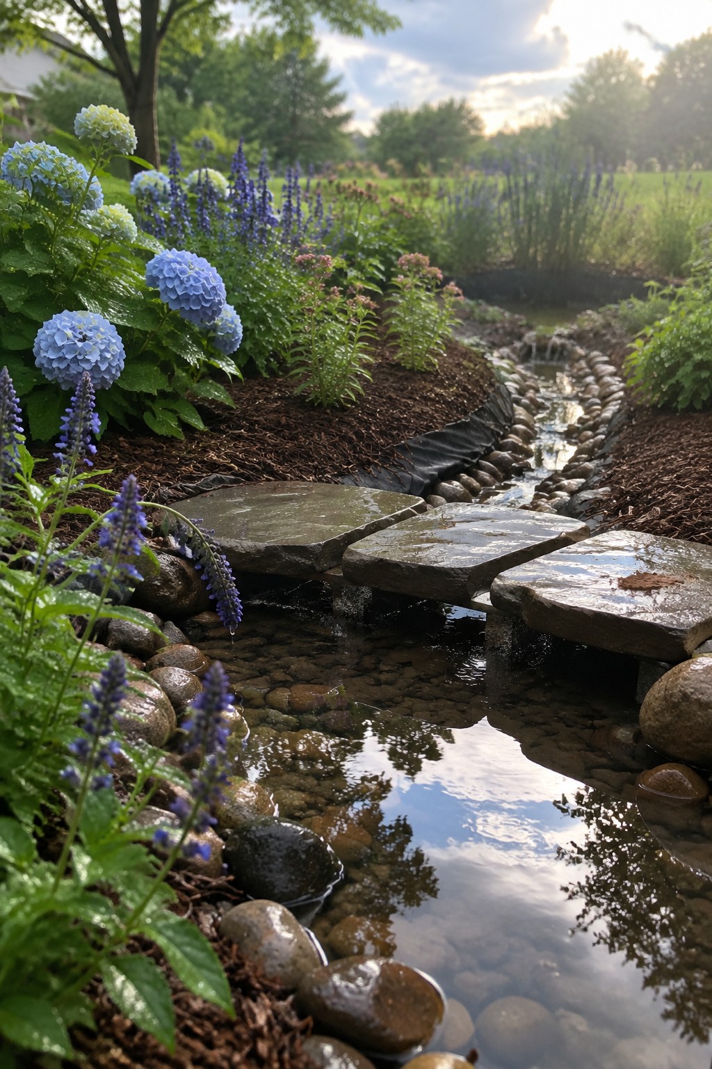 Blue hydrangeas and purple flower spikes grow beside a shallow rock-lined stream with flat stepping stones.