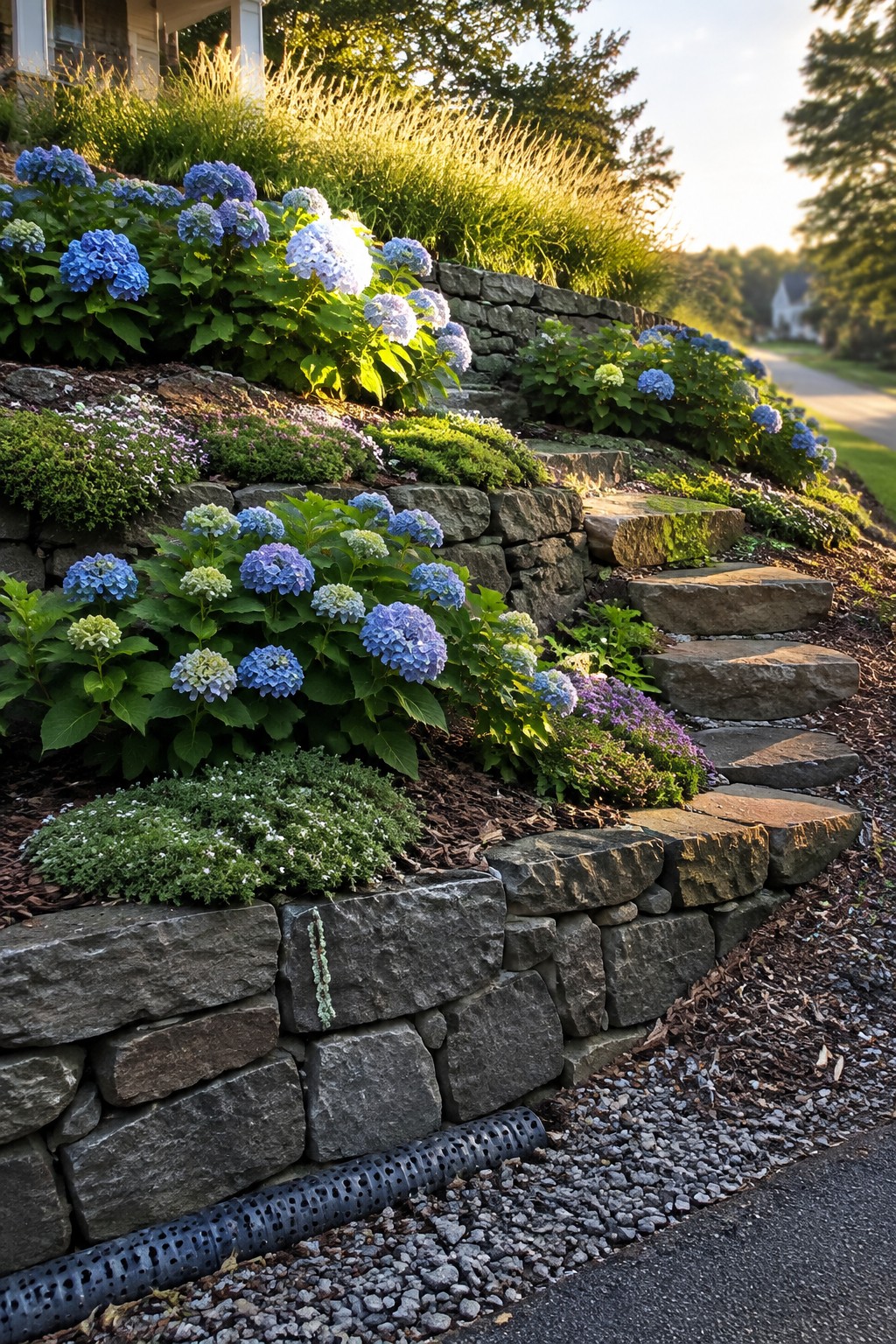 Blue and white hydrangeas grow in tiered stone garden beds beside a set of stone steps.