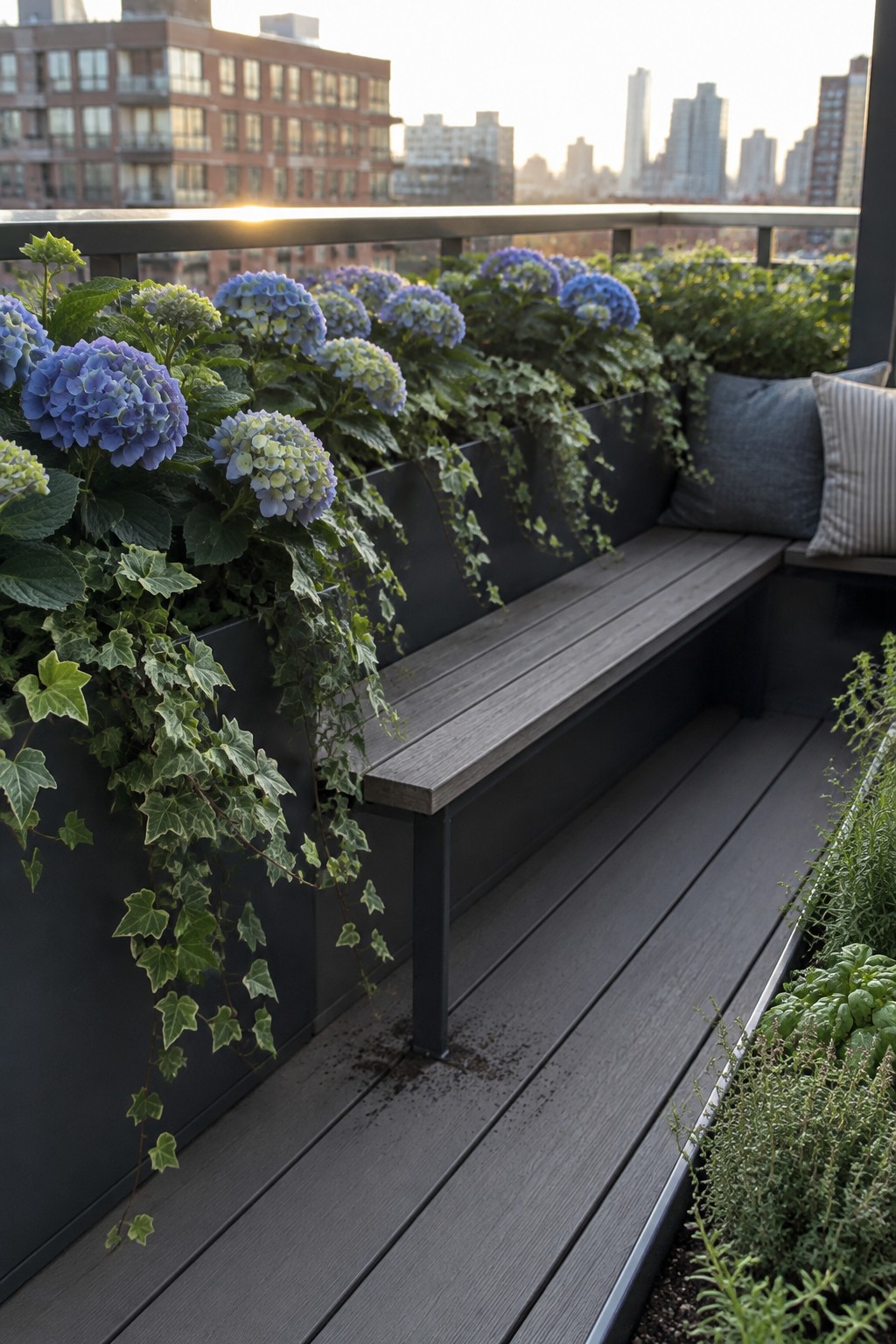 Blue and purple hydrangeas grow in a long dark planter beside a wooden deck bench with cushions.