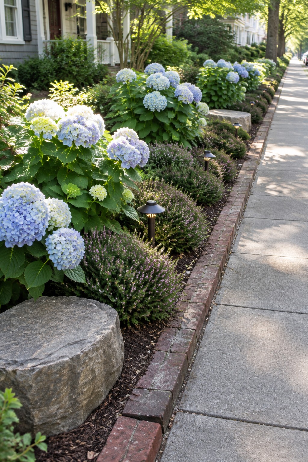 Blue and pale green hydrangeas and low purple-flowering plants grow in a brick-edged bed beside a concrete sidewalk.