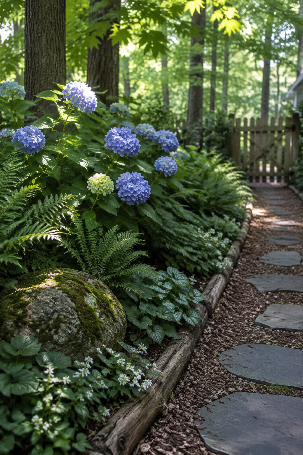 Blue hydrangeas and ferns fill a curved garden bed beside a stone path leading to a wooden gate.