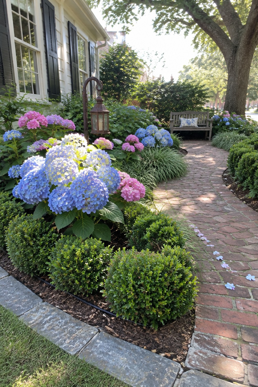 A curved brick path runs beside blue and pink hydrangeas, clipped shrubs, and a wooden bench.