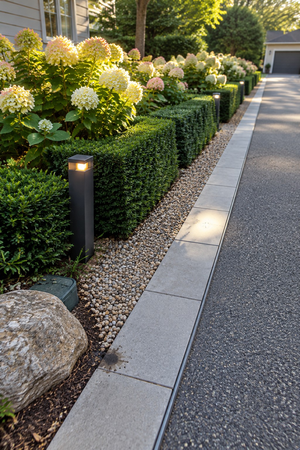 White and pale pink hydrangeas grow behind clipped hedges beside a gravel strip and paved driveway, with small path lights along the bed.