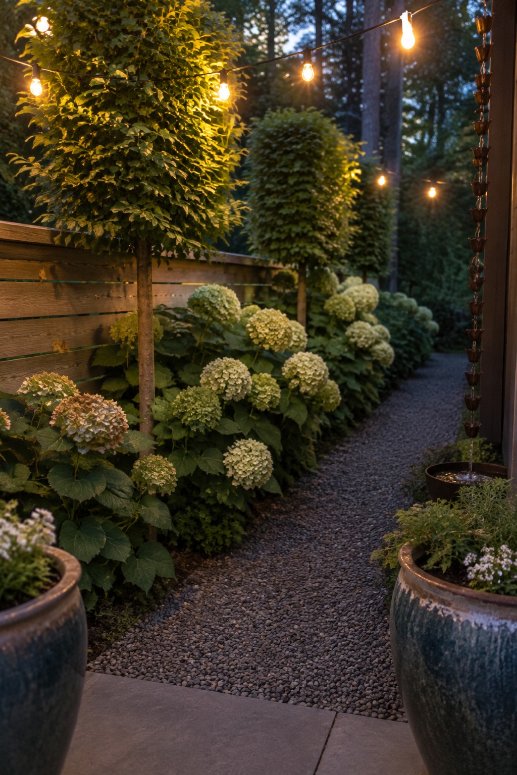 A gravel garden path runs between hydrangeas and a wooden fence beneath string lights.