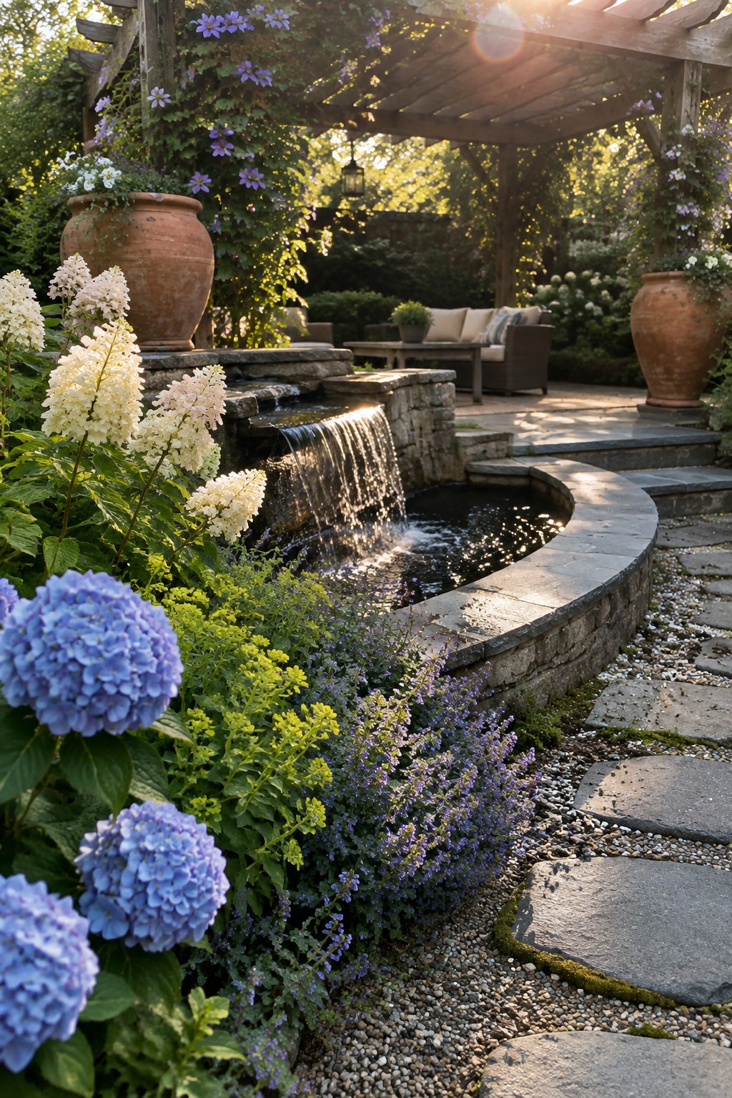 A stone waterfall flows into a small curved pond beside hydrangeas, flowering plants, and a pergola-covered seating area.