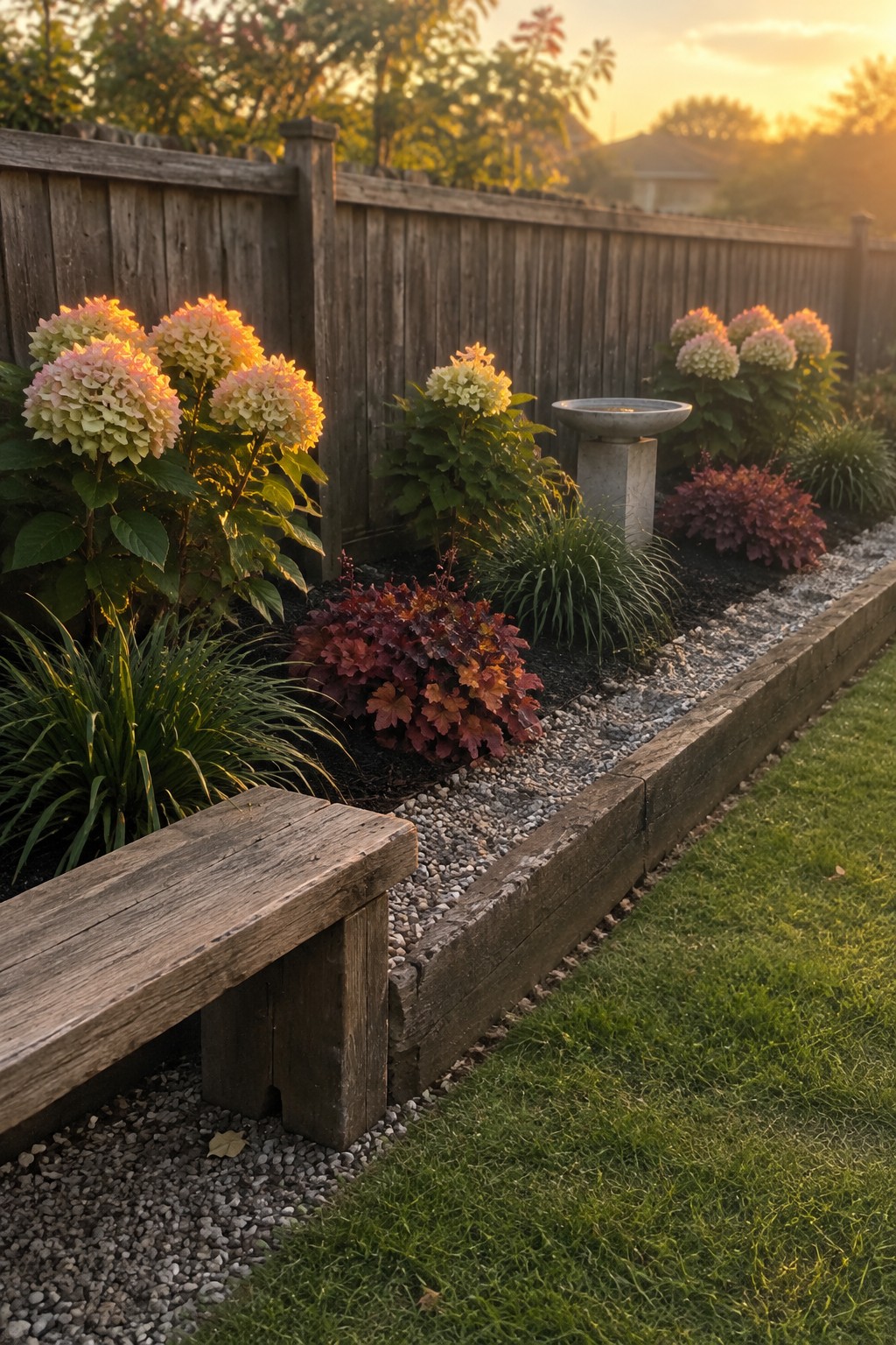 Hydrangeas and leafy shrubs grow in a raised garden bed edged with timber, with gravel ground cover and a birdbath.