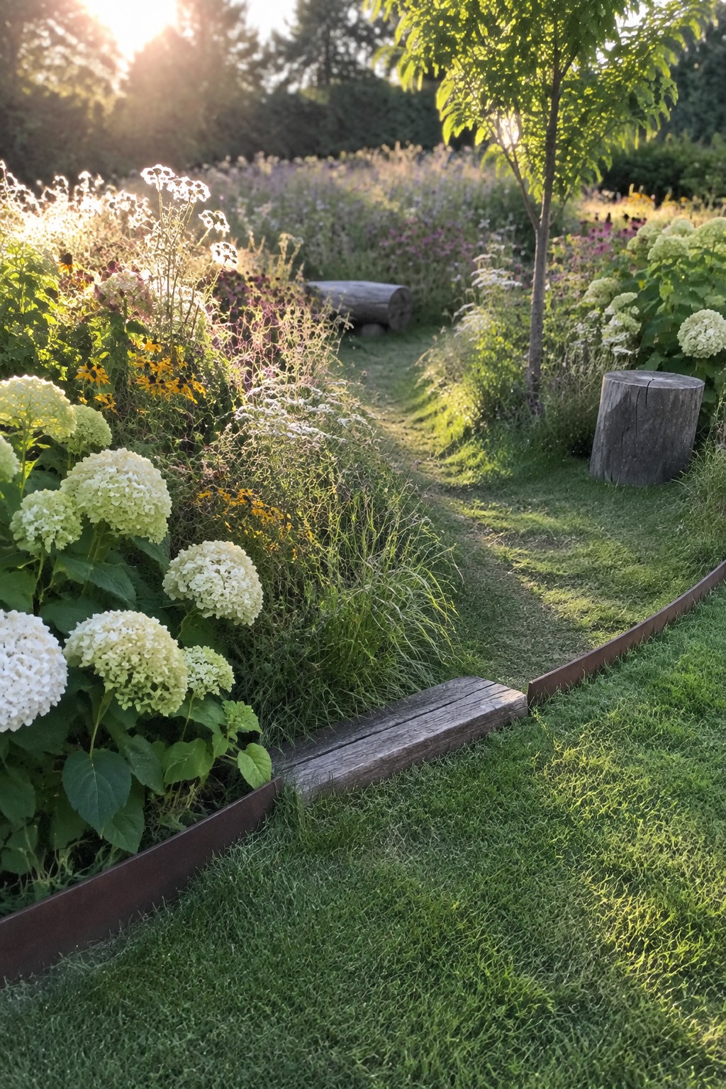 White hydrangeas and mixed flowers grow beside a curved metal-edged garden bed and a winding grass path.