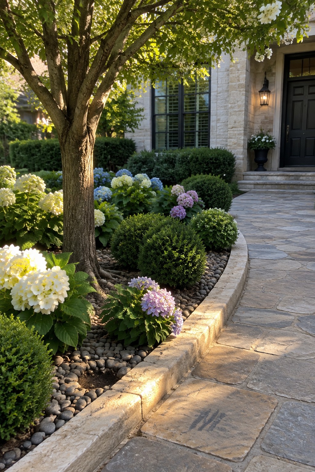 Hydrangeas and clipped shrubs fill a curved stone-edged bed beside a flagstone walkway leading to a house entrance.