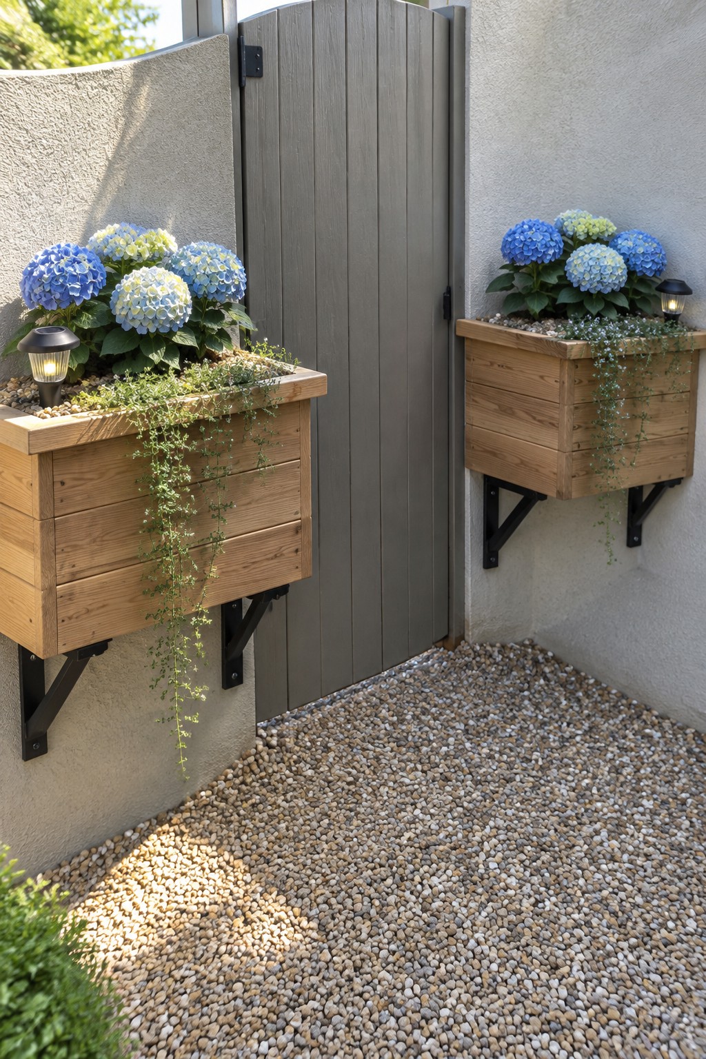 Blue and pale green hydrangeas grow in two wooden wall-mounted planters beside a gray gate.