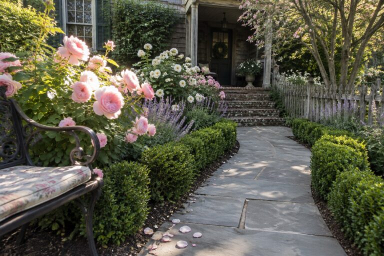 A curved stone walkway passes pink roses and other flower beds toward a brick front step.