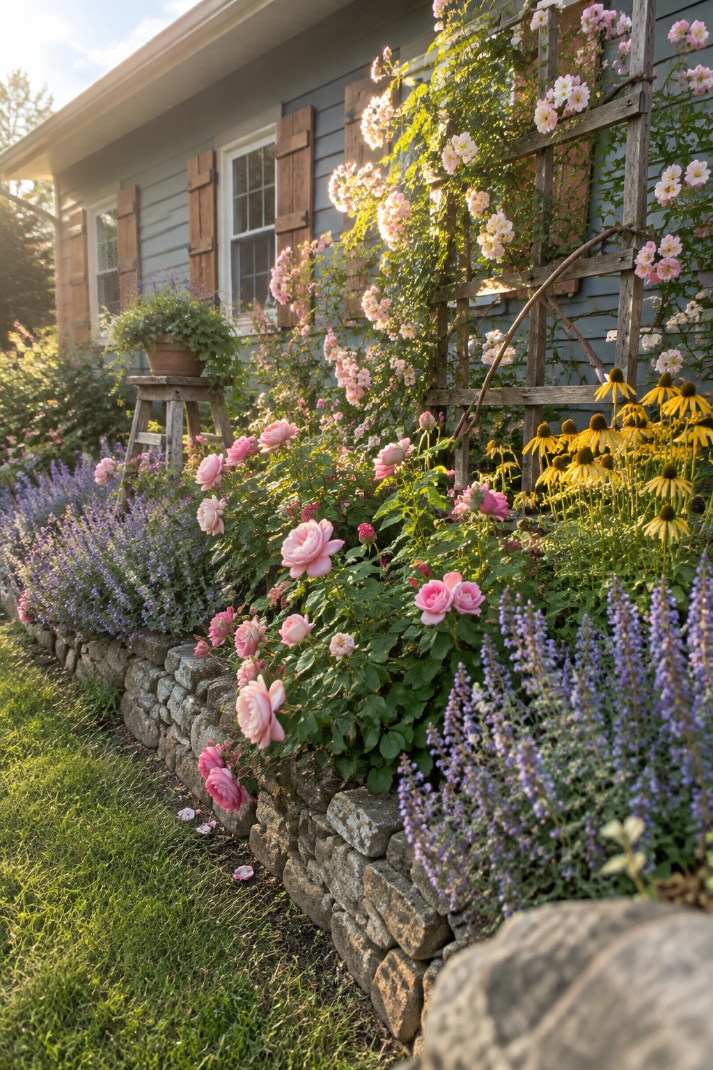 Pink roses, purple flowers, and yellow coneflowers grow in a stone-edged garden bed beside a blue house with a wooden trellis.