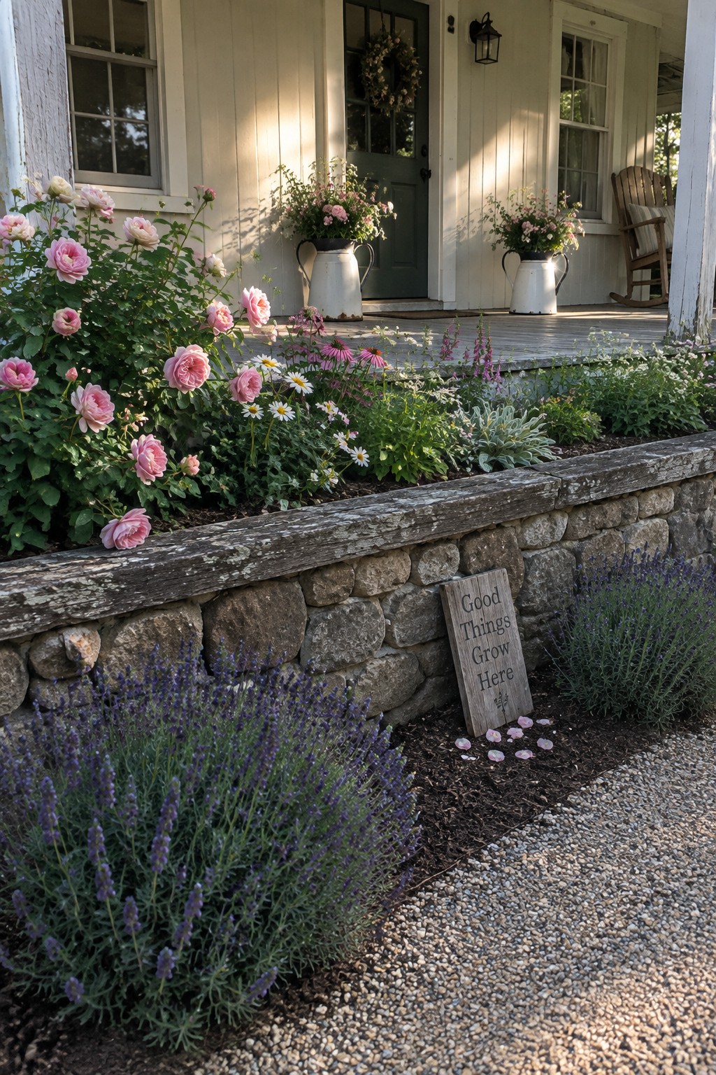 Pink roses, white daisies, and purple lavender grow in a raised garden bed beside a front porch.
