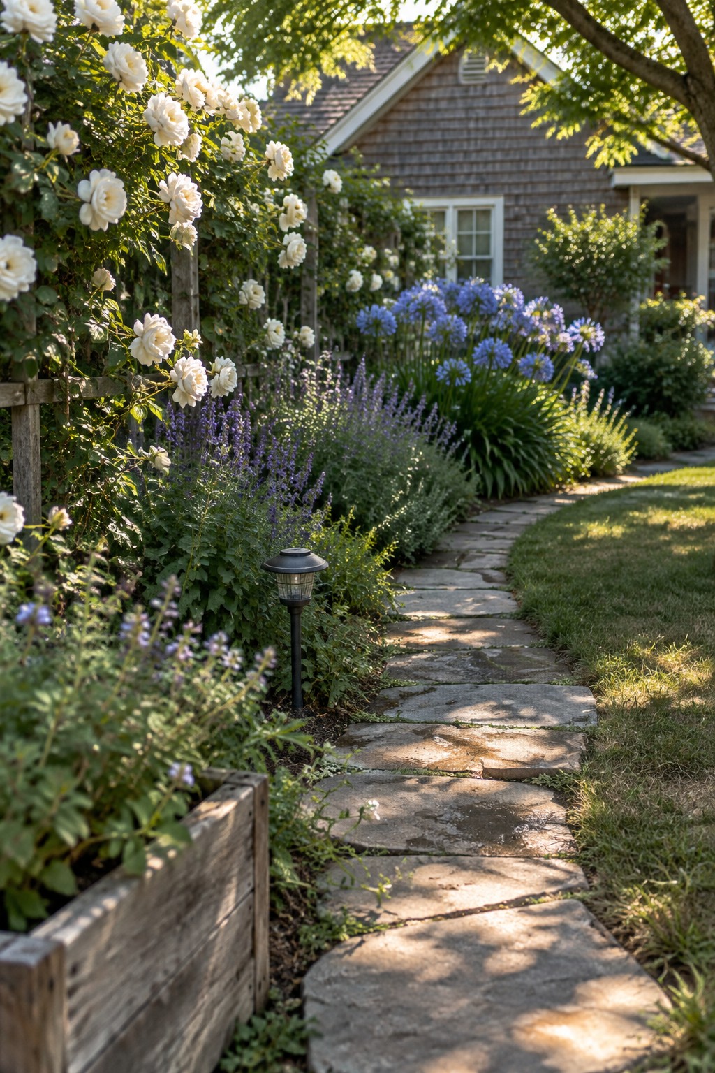 A stone path winds through a garden with white roses climbing a trellis and blue flowers beside a shingled house.