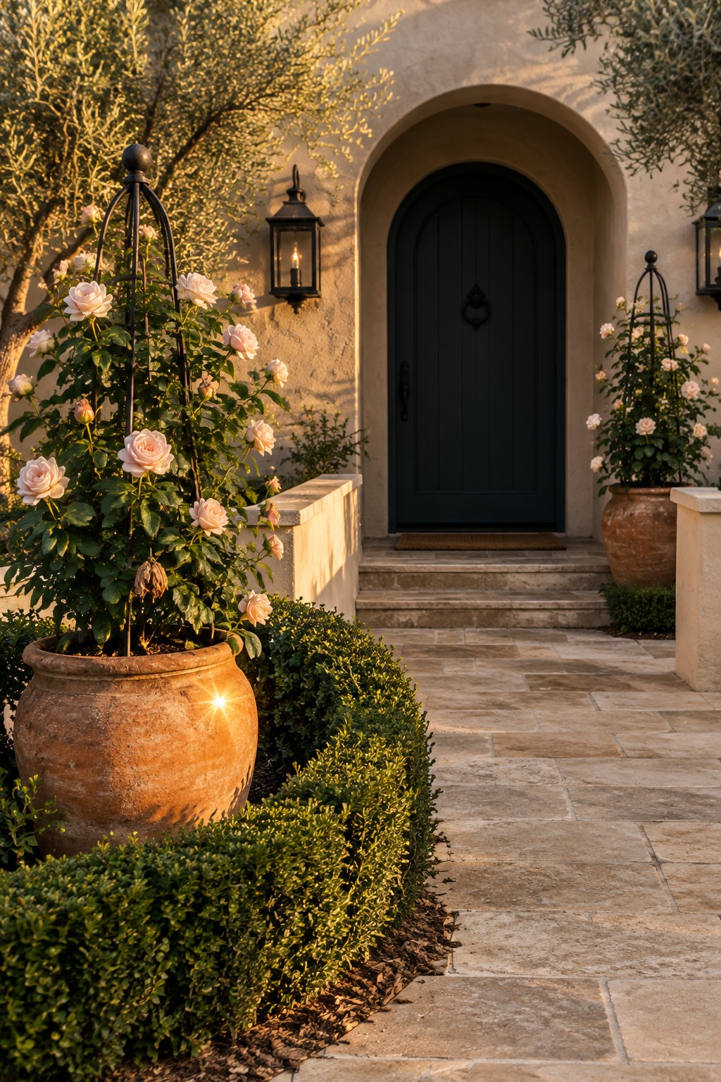 Pale pink roses grow in terracotta pots beside a stone walkway leading to an arched dark front door.
