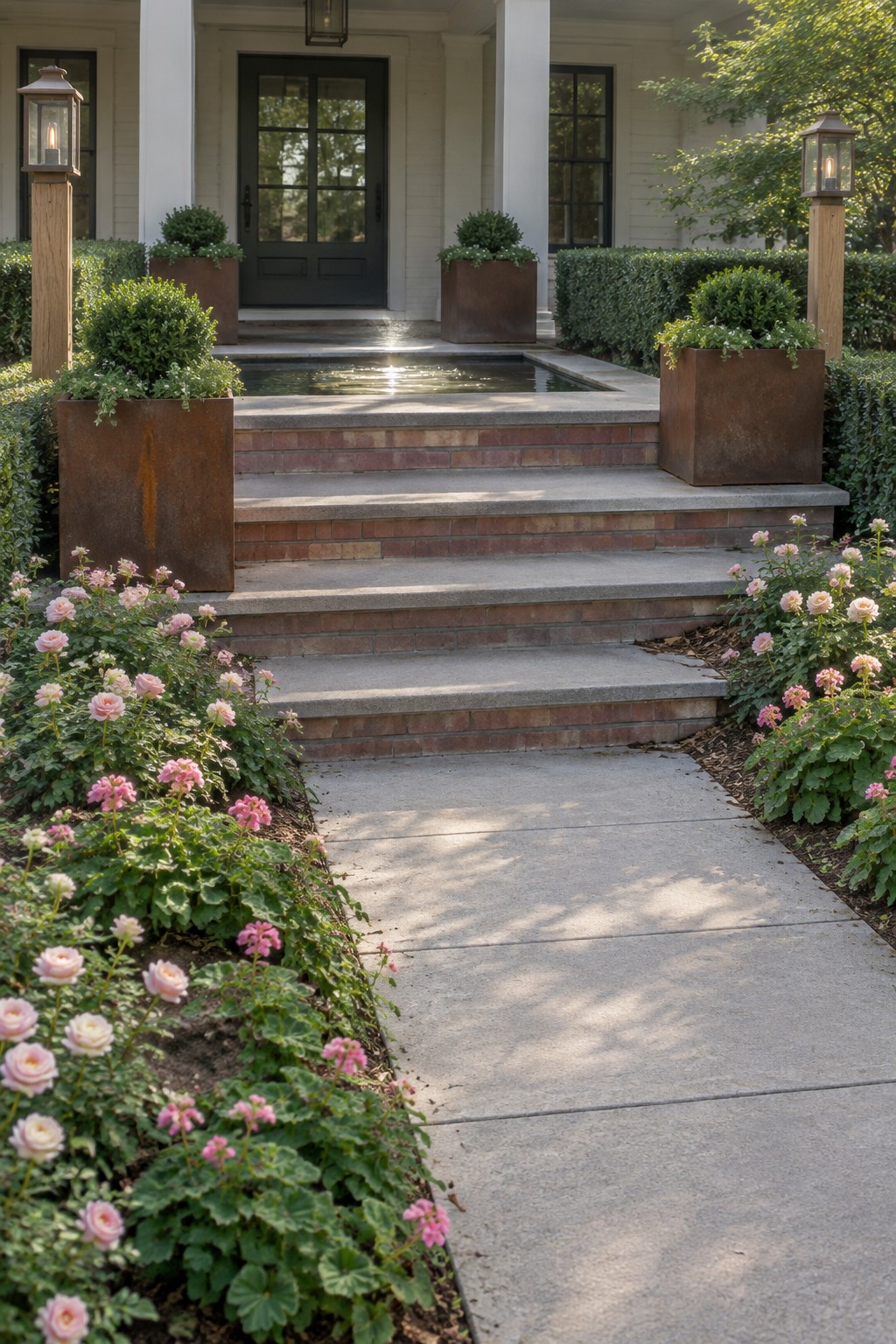 Pink roses line a concrete walkway leading up brick-faced steps to a front entrance.