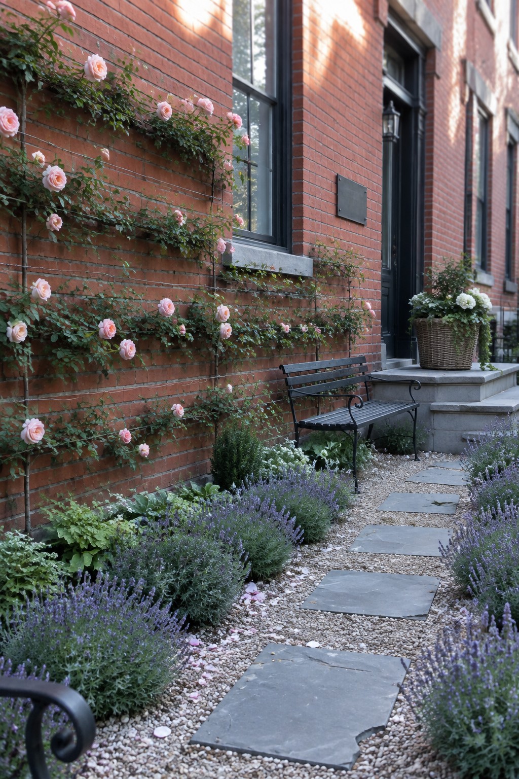 Pink climbing roses grow along a red brick wall beside a gravel path with stone pavers and lavender plants.