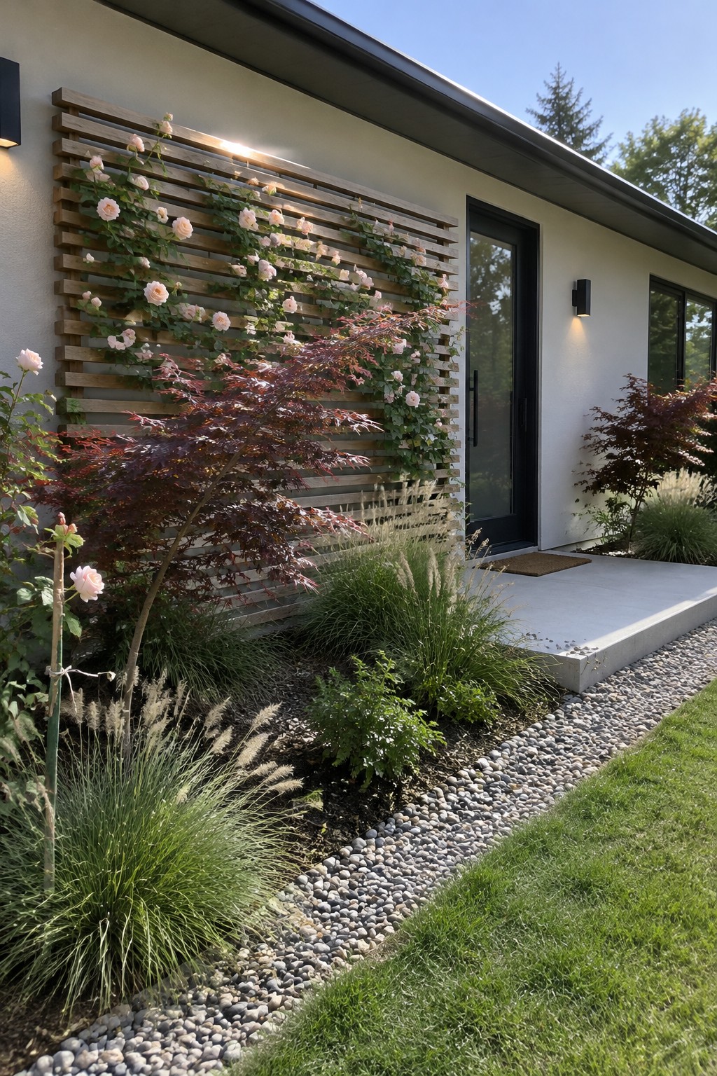 Pale pink climbing roses grow across a wooden slat trellis beside the front door, with grasses and small Japanese maples in the garden bed.