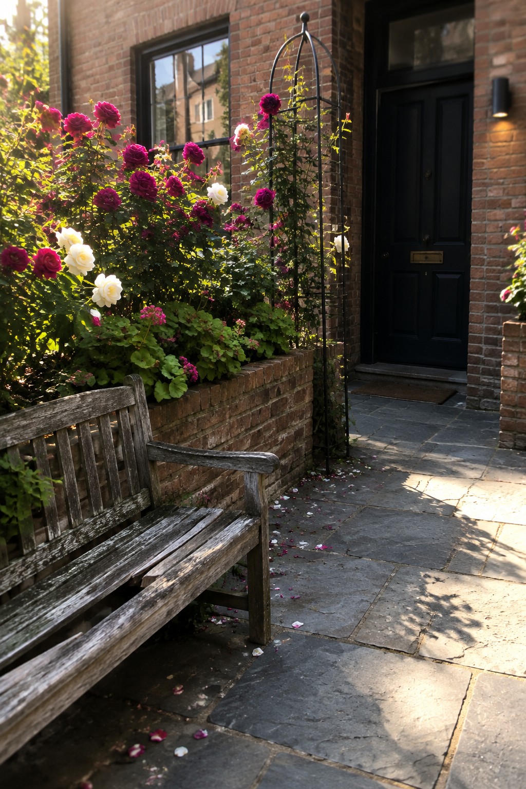 Magenta and white roses grow in a brick-edged garden bed beside a stone walkway leading to a black front door.