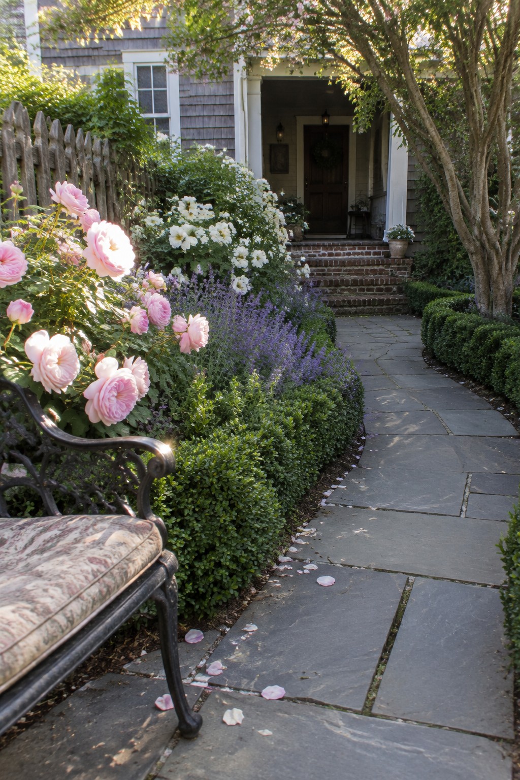 A curved stone walkway passes pink roses and other flower beds toward a brick front step.