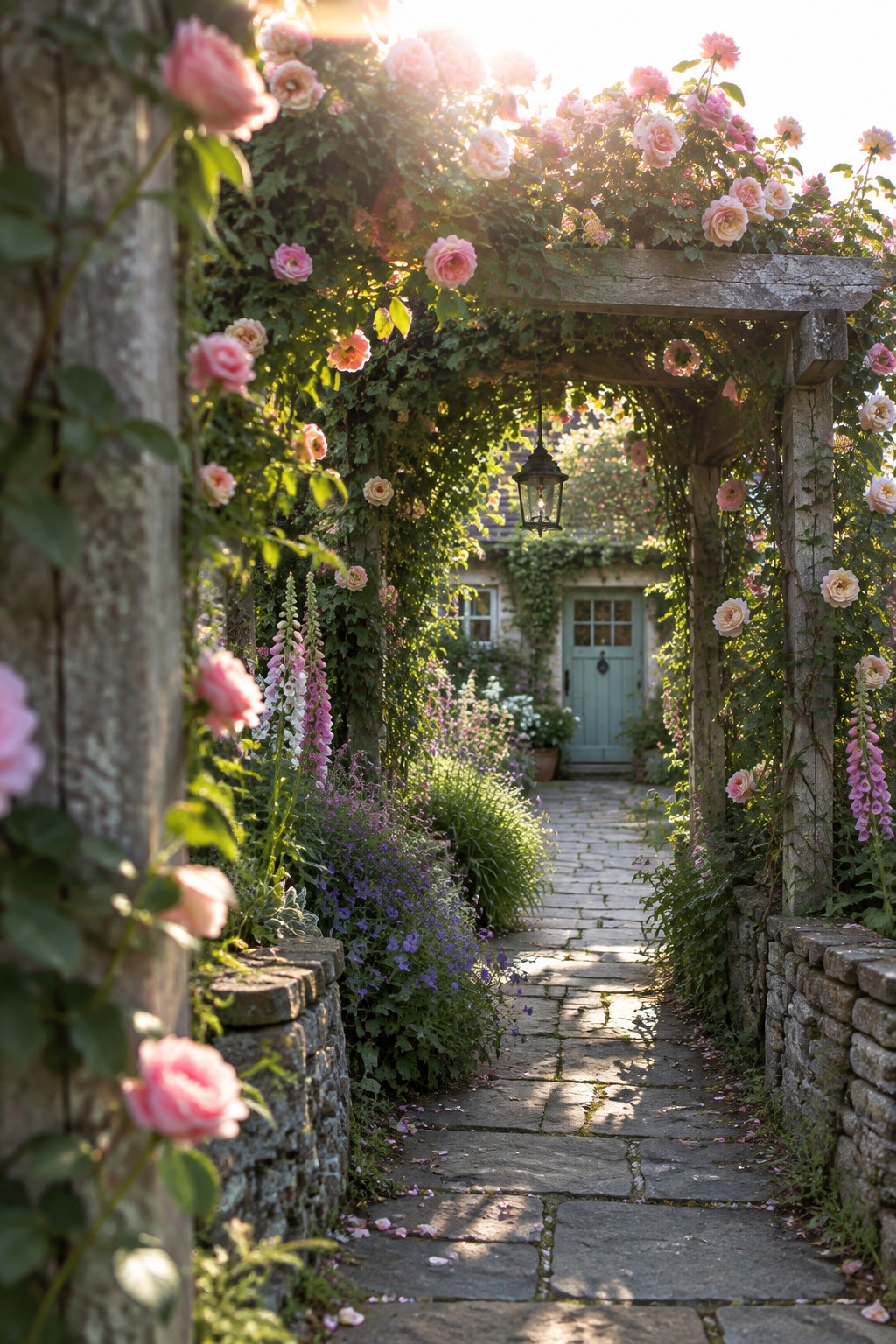 A stone garden path passes beneath a wooden arbor covered in pink roses and climbing greenery, with a pale blue door at the far end.