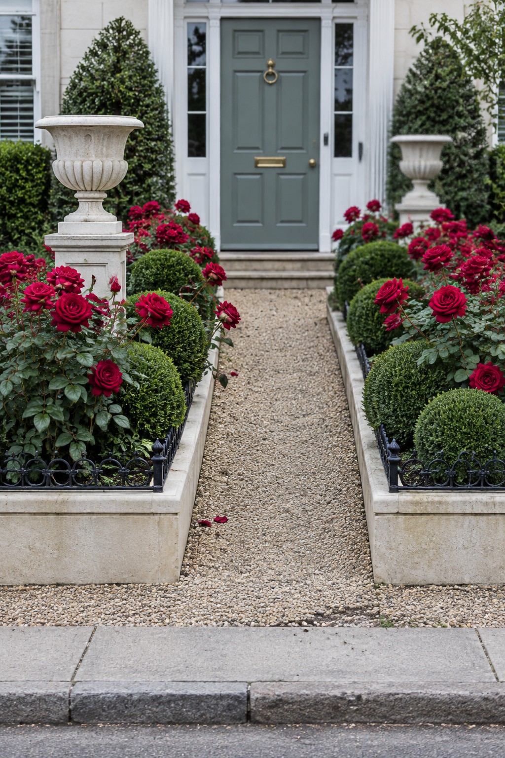 A gravel path runs between raised beds of red roses and clipped shrubs toward a gray front door.
