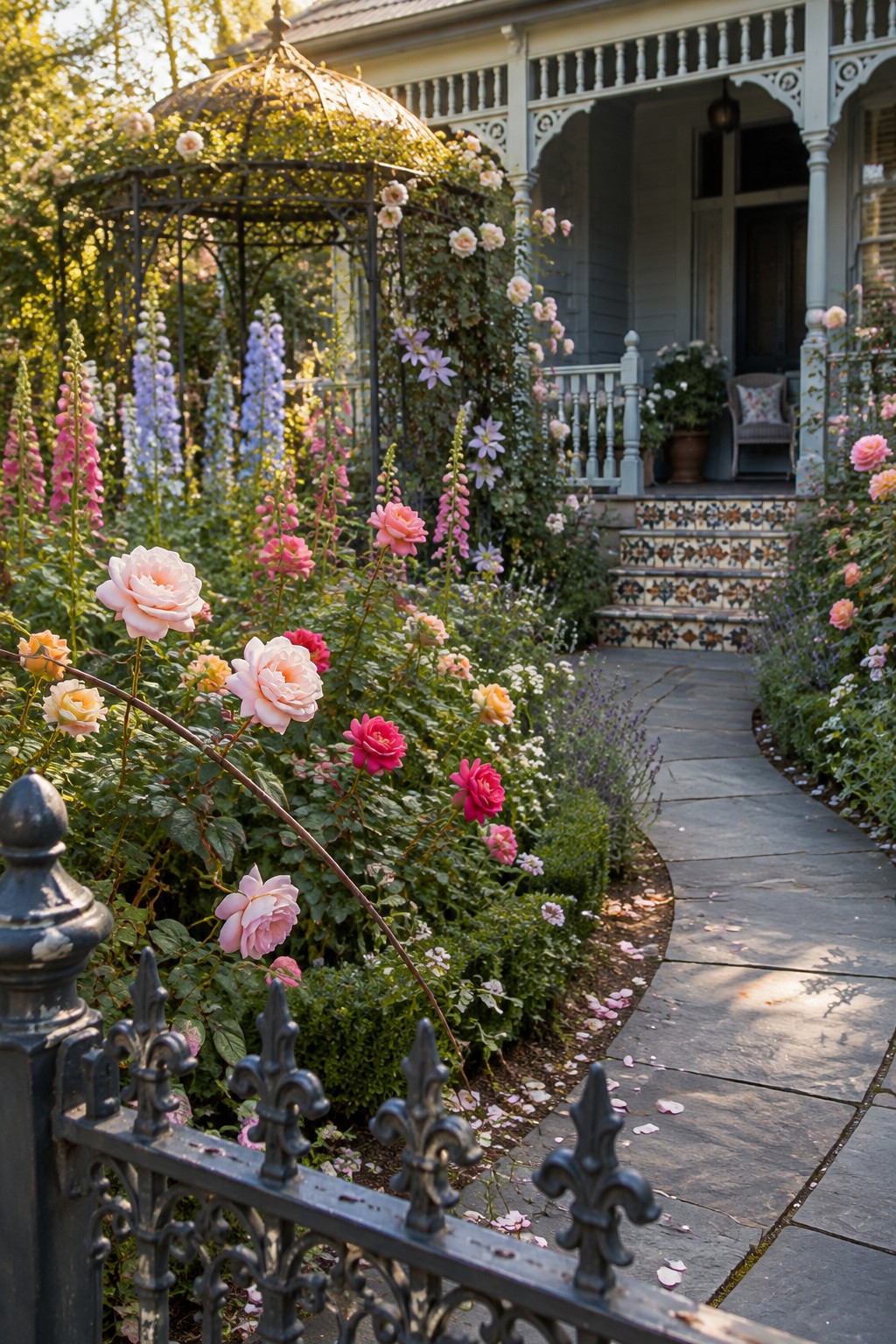 A garden path bordered by flowering plants leads to a porch, with climbing roses growing over a metal arbor.